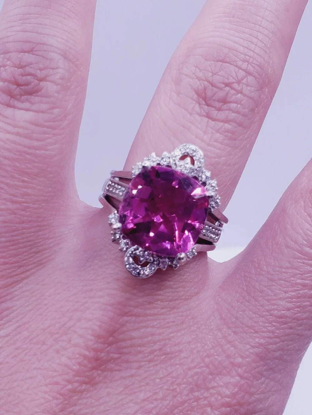 Cushion Pink Quartz & White Zircon Halo Bridal Wedding Ring Set Platinum - 925